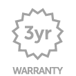 A green badge-shaped icon with a jagged edge and the text "3yr" in the center. Below the badge, the word "WARRANTY" is written in capital letters.