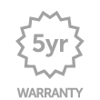 A green badge with a white outline resembling a sunburst shape. Inside the badge, it reads "5yr" indicating a five-year warranty. Below the badge in white text, it says "WARRANTY".