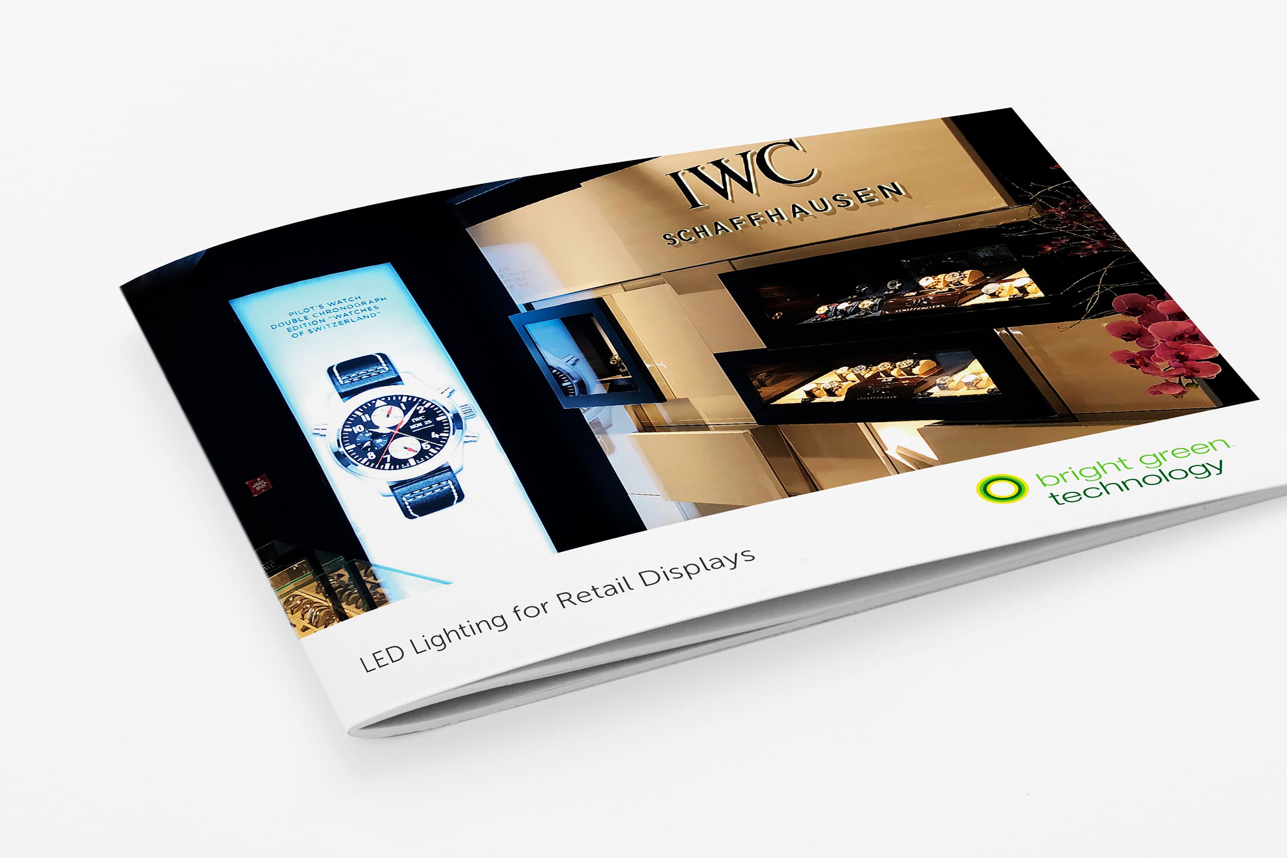 A glossy brochure featuring LED lighting solutions for retail displays, with images showcasing a luxurious watch store display and bright, clear lighting. The cover includes the text "LED Lighting for Retail Displays" and the logo of Bright Green Technology.