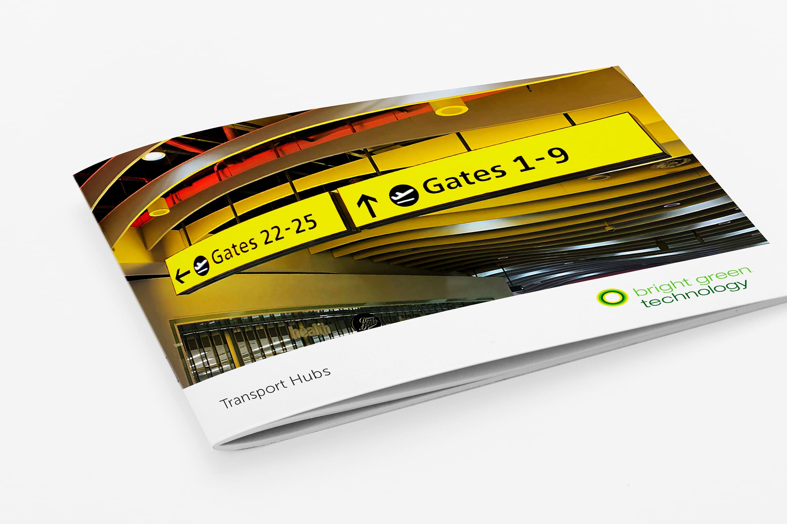 A brochure titled "Transport Hubs" displays an image of an airport sign with arrows pointing left to Gates 22-25 and right to Gates 1-9. The cover features bright green and black text reading "bright green technology" on a white background.