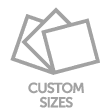 A gray icon of three differently sized, overlapping rectangles with the words "CUSTOM SIZES" written below them.