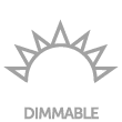 A stylized light gray sun with rays is depicted against a green background. The word "DIMMABLE" appears in capital letters below the sun illustration.