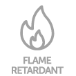 A bright green icon features a simplified flame in white. Below the flame, the text "FLAME RETARDANT" is written in bold white capital letters on a subtly visible grid background.