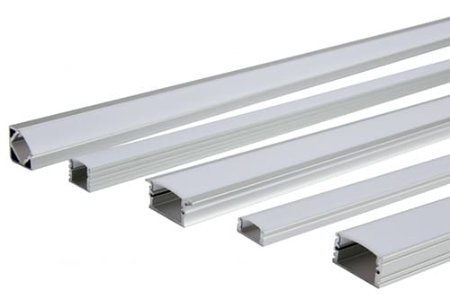 A set of aluminum LED strip light channels in varying sizes is shown. Each channel has a U-shaped profile with frosted diffusers on top. The channels are aligned horizontally on a white background.