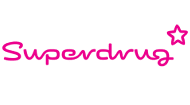 The image shows the Superdrug logo, which features the word "Superdrug" in a stylized, bright pink font, accompanied by a small pink star on the top right. The background is transparent, allowing only the logo to be visible.