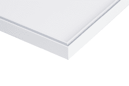 Close-up of the corner of a clean, white rectangular surface, possibly a tabletop or a panel, with smooth, even edges and a minimalist design. The surface is slightly reflective, suggesting a smooth finish, and the background is plain white.