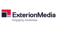 Logo of Exterion Media with the text "Engaging Audiences" underneath. The logo features a red and black square graphic to the left of the company name. The font is modern and clean.