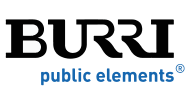 The BURRI logo. The word "BURRI" is written in bold, black, uppercase letters with the 'B' featuring a unique design. Below "BURRI," the words "public elements" are written in blue lowercase letters with a registered trademark symbol.