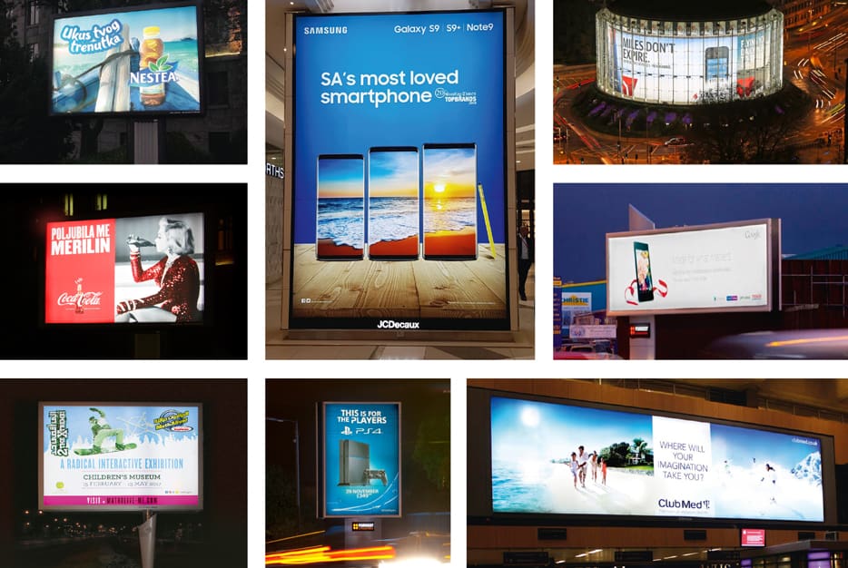 A collage of eight different LED billboards displayed in various locations. Ad contents include beverages (Nestea, Coca-Cola), electronics (Samsung, PlayStation), an entertainment event (Cirque du Soleil), and services (rental cars, Club Med). Each billboard is brightly lit and features eye-catching graphics and text. IMAX in top right corner.