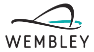 Wembley logo featuring a stylized black arch with a light blue segment on the right side, with the word 'Wembley' written in bold capital letters below.