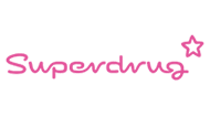 The logo of Superdrug, a UK-based health and beauty retailer. The text "Superdrug" is written in a modern, cursive font in pink color, with a small pink star located at the top right corner of the text.