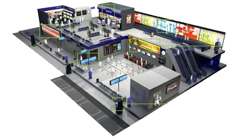 A 3D-rendered model of a modern train station displays ticket counters, escalators, a waiting lounge, shops, and train platforms. Green boxes highlight key features, including information displays, seating areas, and access routes.