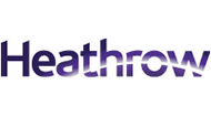 The Heathrow logo. The word "Heathrow" is written in purple letters with a slight arc beneath it, symbolizing a stylized swoosh or pathway. The background is white.