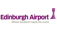 The logo of Edinburgh Airport. It features the text "Edinburgh Airport" in purple with the tagline "Where Scotland meets the world" beneath it. To the right, there is a stylized graphic resembling a tower or spire.