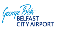 Logo of George Best Belfast City Airport. The text "George Best" is written in a blue cursive font, and "BELFAST CITY AIRPORT" is written underneath in uppercase blue letters.