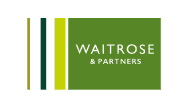 The image is the Waitrose & Partners logo featuring a green rectangular background with "WAITROSE & PARTNERS" written in white centered text. To the left of the text are three vertical bars in shades of green and yellow.