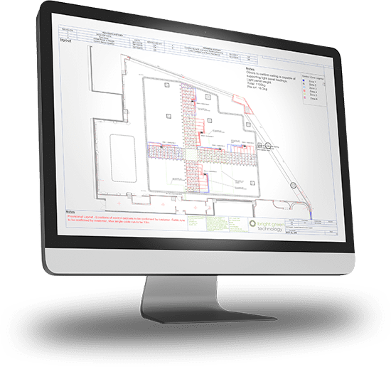 A computer monitor displaying a detailed technical building blueprint with various colored lines and annotations, indicating architectural or engineering plans. The monitor is set against a white background with a faint shadow below.