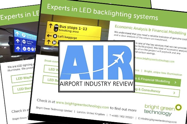 Two overlapping brochures with the heading "Experts in LED backlighting systems." One page features a photo of an airport sign, while the other shows text on economic analysis. Both pages have the logo of "Airport Industry Review" magazine in the center.