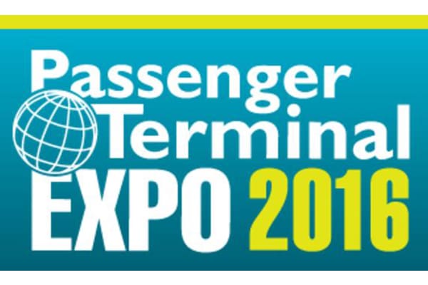 A blue rectangular banner with white text that reads "Passenger Terminal EXPO" accompanied by a globe icon, and yellow text that reads "2016" on the right side.