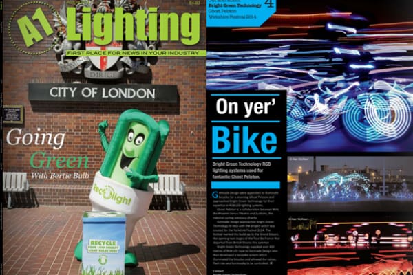 A magazine cover features "A1 Lighting" with a green light bulb mascot named "Bertie Bulb" promoting recycling. The inner page showcases lighting systems, including bright, colorful light trails and patterns, with the headline "On yer’ Bike.