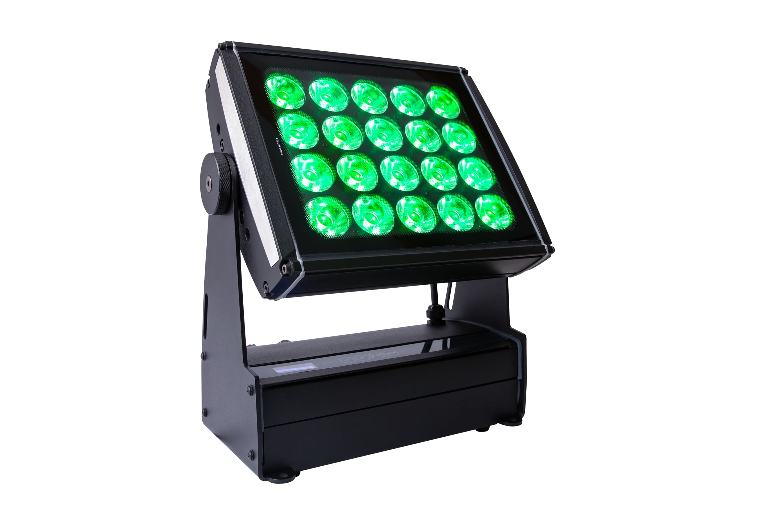 Rectangular array of green LED lights mounted on a black, adjustable stand. The lights are arranged in a 4x4 grid and enclosed in a box-like frame. The stand allows for tilting and positioning the lights as desired. The setup appears professional and sturdy.