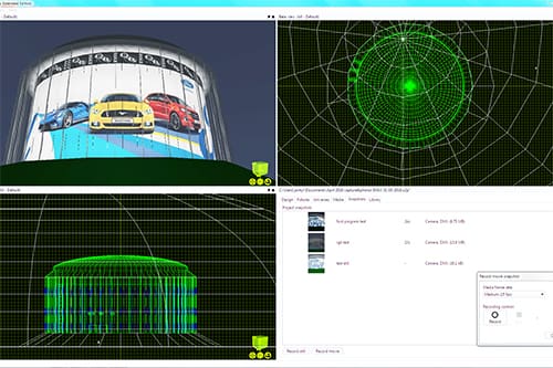 A computer screen displaying a simulation software interface with three sections: the top-left shows cars on a circular billboard displayed b y LED lighting, the top-right displays a spherical wireframe structure, and the bottom-left presents a cylindrical wireframe with grids.