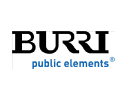 Burri public elements logo featuring the word 'BURRI' in black stylized text above the phrase 'public elements' in blue text with a registered trademark symbol.