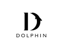 A black and white logo features a stylized letter "D" with a dolphin integrated into its design. Below the logo, the word "DOLPHIN" is written in capital letters with a clean, modern font. The background is solid black.