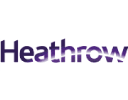 The image features the Heathrow Airport logo with the word "Heathrow" in a bold, modern font. The letters are dark purple, with a subtle white streak running through, suggesting motion or speed.