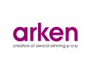 Logo for a company named "arken" with the tagline "creators of award winning p-o-p" underneath. The text is in a purple font on a white background.