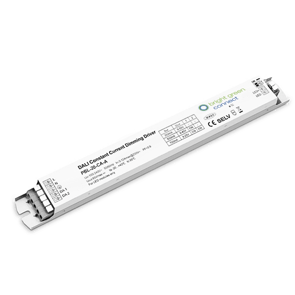 The image shows a long, rectangular DALI constant current dimming driver by Bright Green Connect, an essential component for lighting control. The device's white surface features various technical specifications and certification logos printed in black text.