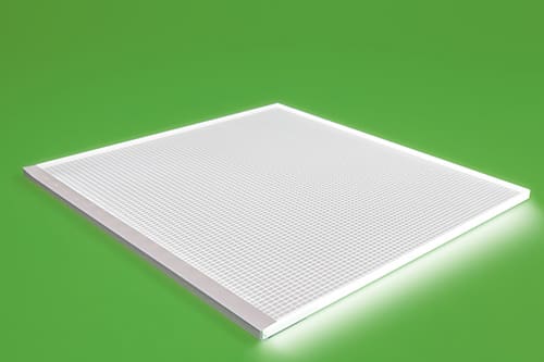 A white, square LED panel light is placed against a solid green background. The panel has a grid-like texture and emits a soft glow from its edges.