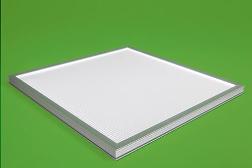 A stack of thin, square LED light panels with silver edges against a vibrant green background. The panels are layered neatly, with the top panel emitting a soft, even white light.