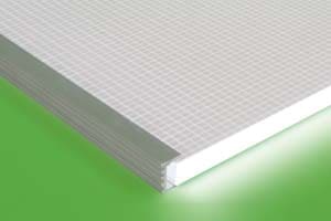 Close-up of a stack of graph paper sheets under a bright green LED light. The paper, with its grid pattern of thin, light gray lines, is shown from an angle emphasizing the clean-cut, neatly aligned edges against the luminous background.