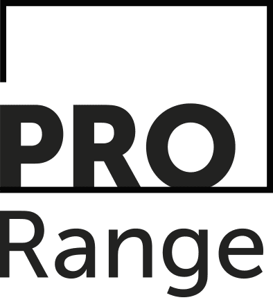 A logo with the word "PRO" in large, bold letters above the word "Range." The "PRO" is set within a rectangular frame which is not completely closed, with the left and top sides of the rectangle visible. The text is in a modern, sans-serif font.