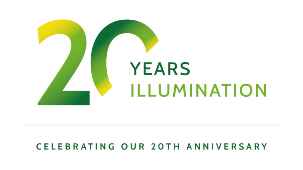 20 Years Illumination" text logo with the number 20 in a gradient blend from yellow to green, and the words "Years" and "Illumination" in green, indicating the celebration of the 20th anniversary of Illumination.