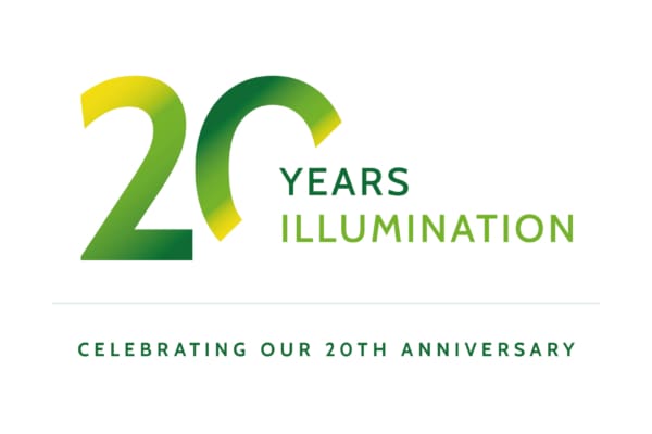 20 Years Illumination" text logo with the number 20 in a gradient blend from yellow to green, and the words "Years" and "Illumination" in green, indicating the celebration of the 20th anniversary of Illumination.