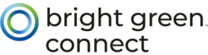 Logo of Bright Green Connect, featuring a circular swirl design in shades of blue and green on the left side, followed by the text "bright green connect" in lowercase black letters.