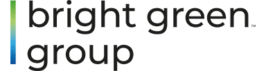 The image displays the logo of "bright green group" with the text in black letters. There is a vertical gradient bar on the left, transitioning from green at the top to blue at the bottom.