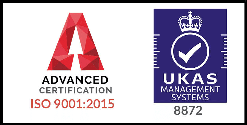 A logo with a red triangular "A" design and text reading "Advanced Certification Limited ISO 9001:2015" is on the left. On the right, a blue UKAS (United Kingdom Accreditation Service) Management Systems logo with a check mark inside a circle and the number "8872" below.