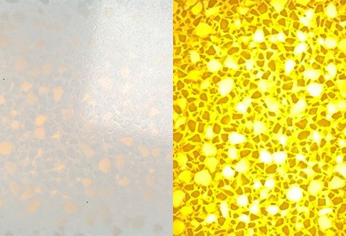 A comparison of two surfaces lit by a LED Light Panel: the left side shows a Hanex, frosted white texture with subtle light reflections, while the right side displays a bright yellow, mosaic-like pattern that creates an illuminated glow.