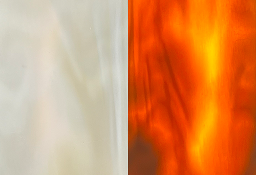 A split image features Hanex: Kashmere backlit with an LED light panel. Soft, creamy white hues merge seamlessly with vibrant orange and yellow flames, creating a warm contrast. As the material transforms with light, the amber tones become either pronounced or subtle for a captivating display.