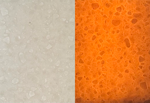 A split image showcases Hanex: Pegasus—on the left, a gray speckled surface like stone; on the right, lit with LED Light Panel, an orange sponge-like texture. This material transforms with light, making it ideal for backlighting. With controlled illumination, its amber hues become more pronounced or subtle.