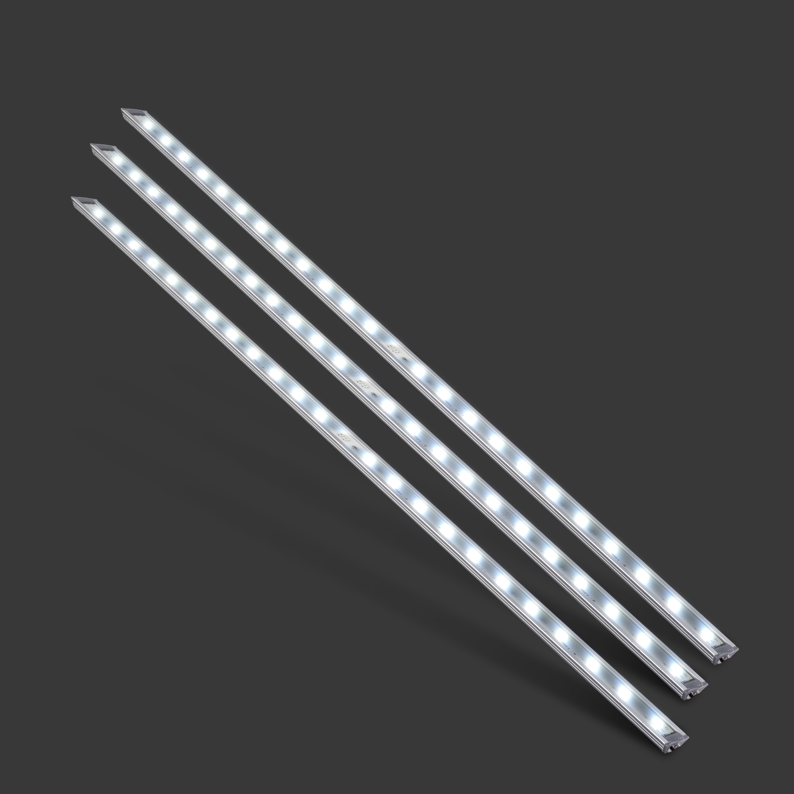 Three white LED light strips arranged parallel on a dark background. Each strip features evenly spaced, bright LED bulbs. The strips are sleek and modern, showcasing their energy-efficient design.