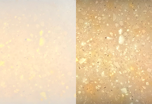 A side-by-side comparison of two stone interiors: Vocalise revealing their distinct features while backlit with an LED Light. The left is smooth with subtle golden flecks on a light background that transforms with light, making it ideal for backlighting. The right side displays textured, stone-like patterns perfect for Stone Interiors.