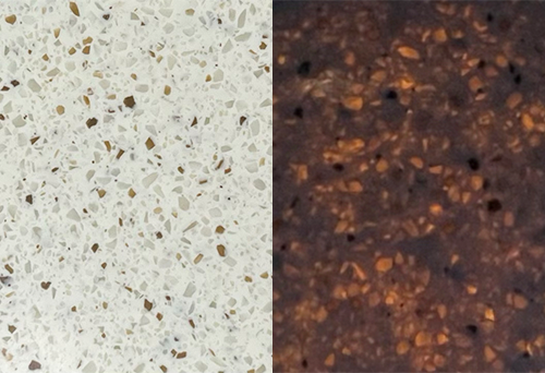 Close-up of the toffee crunch material side by side. The left features a light background with white and brown stone chips. The right, Toffee Crunch Backlit with an LED Light Panel, boasts a dark base where lighting control enhances its amber hues, perfect for creating striking contrasts.