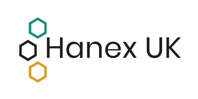 Logo with three hexagons: a green, black, and orange one arranged vertically on the left. The text "Hanex UK" in black appears to the right of the hexagons, offering a sleek design ideal for backlit surfaces.