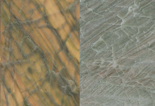 A split image showcases two marble textures on backlit surfaces. The left side glows with a golden hue and dark veins running vertically, while the right boasts a greenish tint with subtle lighter lines, creating an intriguing textured stone effect.